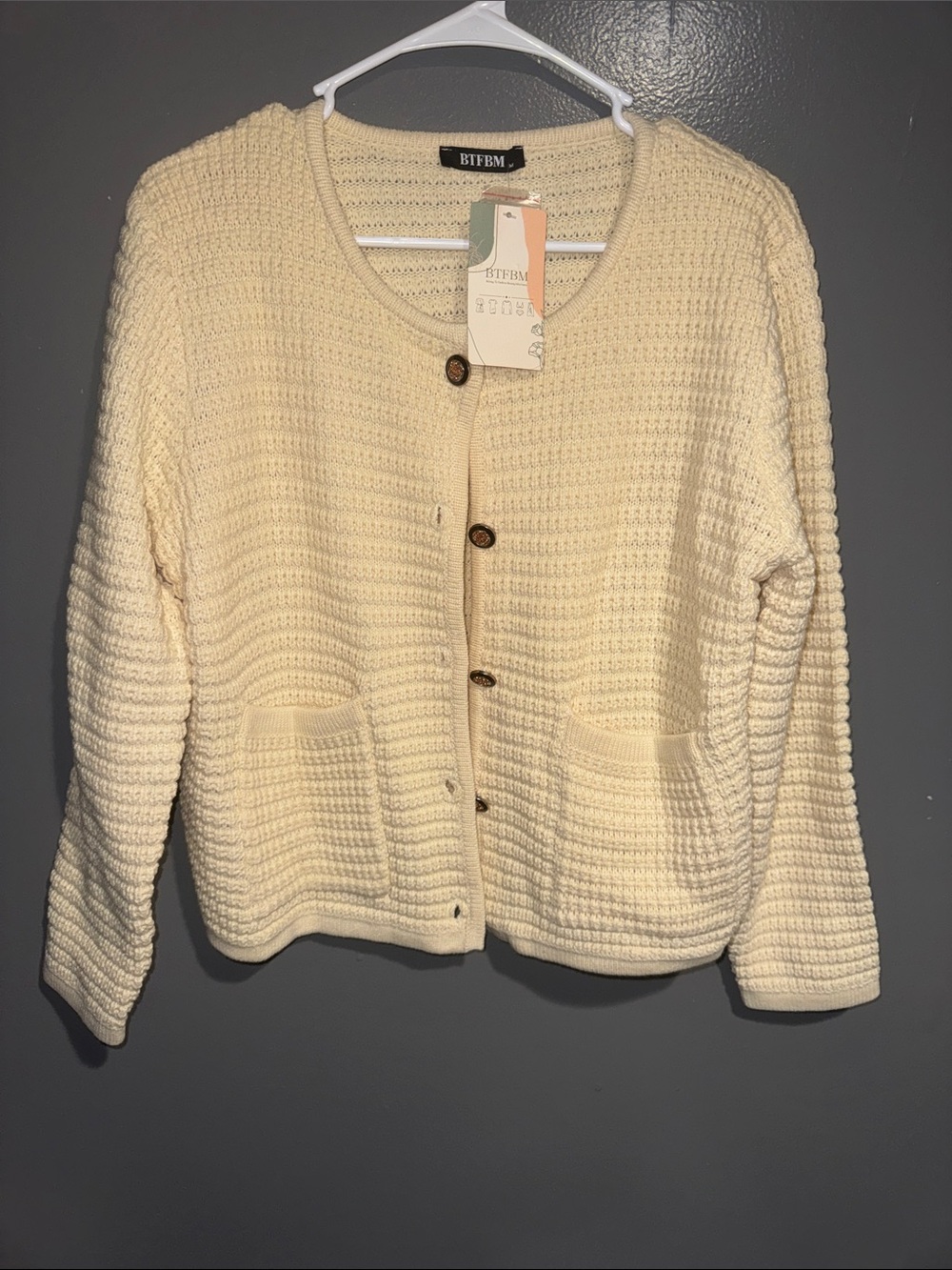 BITBPM Cream Textured Button-Up Cardigan